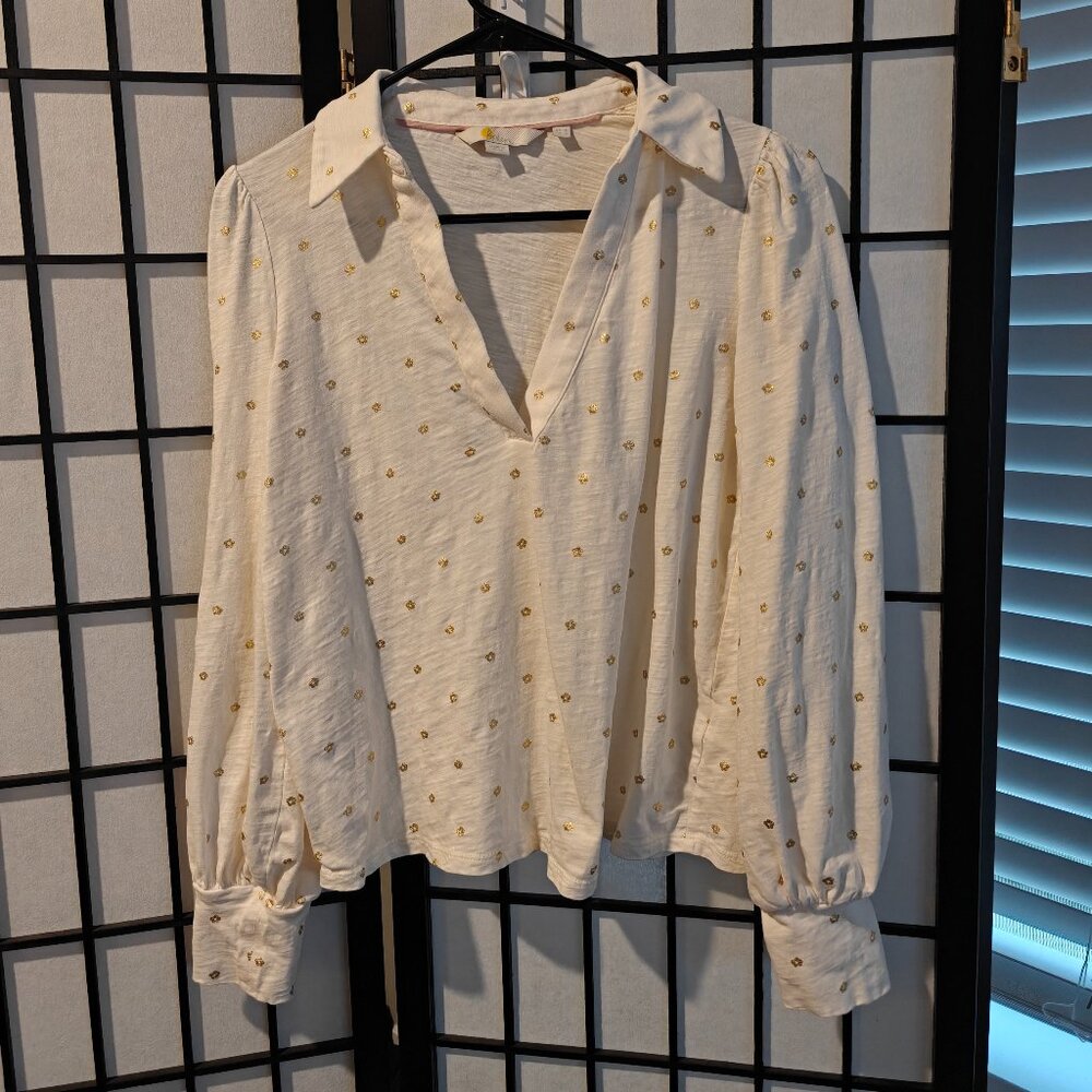 Boden Cream V-neck Gold Floral Accent Collar Long Sleeve Pullover Blouse - XS